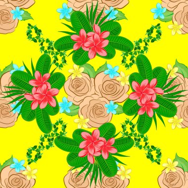 Vektör çizimi. Çiçeksiz desenli bej, sarı ve yeşil renklerde dekoratif gül çiçekleri ve yeşil yapraklı..