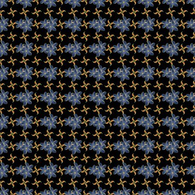 Güzel vektör dokusu. Plumeria çiçekli, mor, mavi ve gri renklerde kusursuz bir desen. Bahar mahsulü çiçek arkaplanı.