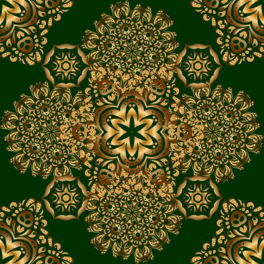 Yeşil arka planda geleneksel Arap dekorasyonu. Duvar kâğıdı için altın süslü bir illüstrasyon. Süslü dantel iz sürücü. Altın süslemeli vektör desenli. Doğu tarzında klasik altın elementler.