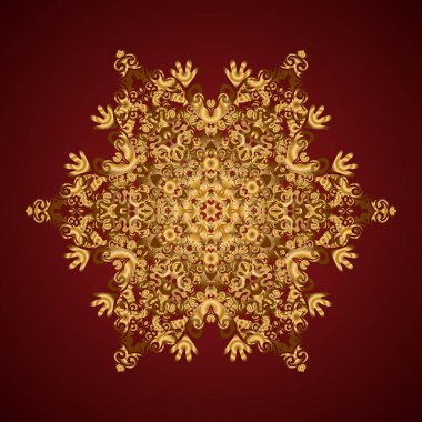 Etnik doku. Altın mandala desenli, Arap kökenli. Doğu, simetri danteli, kumaş, duvar kağıdı. Vector East, Islam, Indian, motif, canlanma girdabı. Kırmızı arkaplanda klasik dekoratif süs.