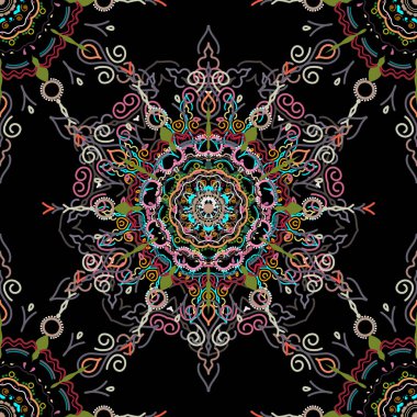 Vektör çizimi. Damask arkaplan deseni yeşil ve pembe renklerde.