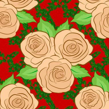 Kraliyet gülleriyle modern gül deseni. Kırmızı arkaplanda renkli yön deseni. Kusursuz çiçek süsü..