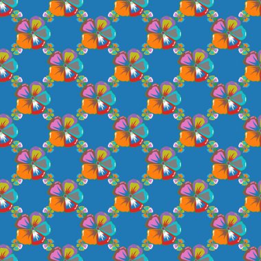 Kozmos çiçekli, turuncu, mavi ve bej renkli yapraklı, kusursuz çiçek deseni..