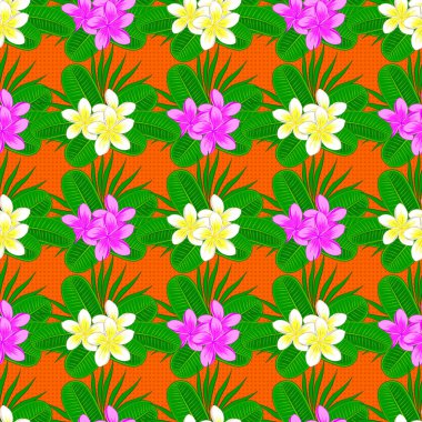 Turuncu arka planda çiçekli, dikişsiz desen. Şirin taşıyıcı Plumeria çiçek izi. Vektör illüstrasyonu.