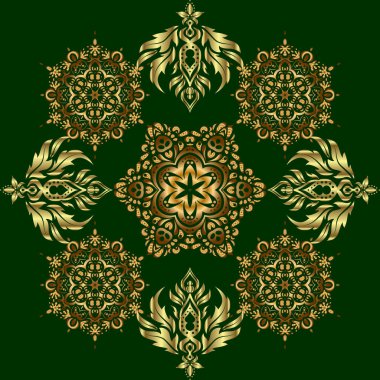 Klasik İspanyol kumaşı süsü. Altın ve yeşil renklerde kusursuz çiçek seramikleri..