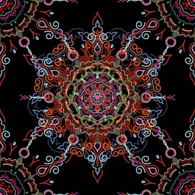 Doğulu, çiçekli bir süs. Halılar, tekstil, duvar kağıtları ve herhangi bir yüzey için şablonlar. Pembe, yeşil ve mavi süslemenin kusursuz deseni.