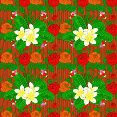 Vektör plumeria çiçeği turuncu, kırmızı ve yeşil renklerde kusursuz desen.
