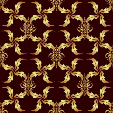 Geleneksel çiçek dekoru. Tasarım için vektör süsleme ögeleri. Kahverengi bir arka planda dekoratif altın pürüzsüz desen. Davetiyeler, tebrik kartları, paketleme için süslemeli desen.