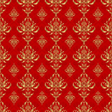 Şatafatlı çiçeksiz desen, düğme desenli doku, eski tarz dekoratif elementler. Vektör çizimi. Altın yıldızlı zarif altın süs, süslü kırmızı arka planda filigran dekoru..
