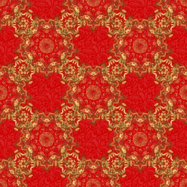 Duvar kağıtları, davetiyeler, ambalajlar için lüks süsler. Vektör çizimi. Kırmızı arkaplan üzerinde kraliyet altın rengi kusursuz desen.