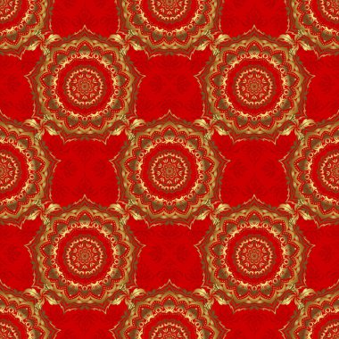 Kırmızı zemin üzerinde altın dairesel mandala, yıldızlar ve kar taneleri bulunan geleneksel süs arkaplanının vektörsüz deseni.