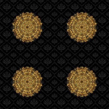 Duvar kağıdı, hediye kağıdı, kumaş baskısı, mobilya için karmaşık tasarım unsuru. Boho soyut, kusursuz desen. Siyah arka planda renkli altın kaplama mandala. Sıra dışı vektör süslemesi.