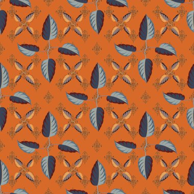 Vektör çizimi. Turuncu, kahverengi ve gri renkli, soyut, sevimli çiçek deseni. Parlak, güzel çiçekler, kusursuz bir arka plan..