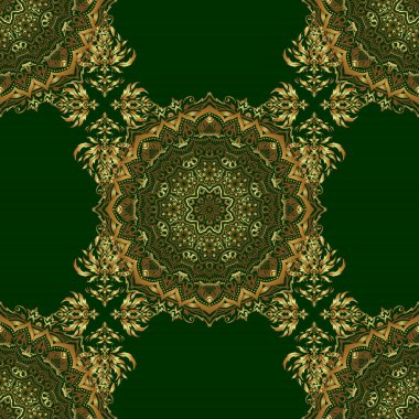 Süslü, canlı duvar kâğıdı. Etnik ve kabile motifleri. Renkli soyut arka plan. Yılbaşı geleneksel renklerinde vektör geometrik süsü olan parlak, pürüzsüz desen (yeşil üzerine altın rengi)).