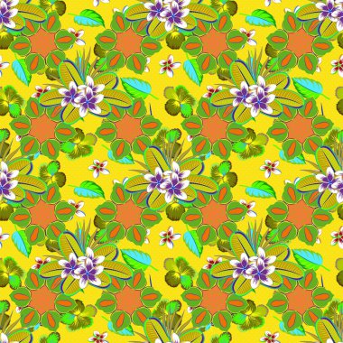 Dekoratif tesisat çiçekleri ve yeşil, sarı ve turuncu yapraklarla kusursuz bir arkaplan deseni. Vektör illüstrasyonu.