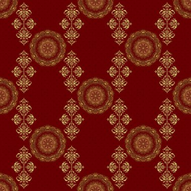 Kırmızı arka planda dekoratif, altın, pürüzsüz desen. Tasarım için vektör süsleme ögeleri. Davetiyeler, tebrik kartları, ambalajlar için süs desenleri. Geleneksel çiçek dekoru.