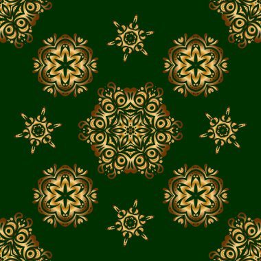 Yeşilde altın çiçeksiz desen. Altın şablonlar için vektör elementler. Davetiyeler için dekorasyon, tebrik kartları, etiketler, rozetler, etiketler. Doğu tarzında lüks süsler..