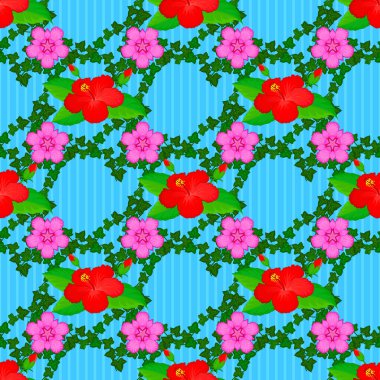 Vektör çizimi. Mavi arka planda soyut şirin amber çiçekleri olan bahar kağıdı. Çiçeksiz desen.