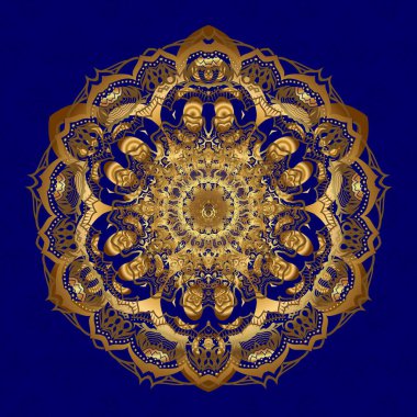 Mavi arka planda dekoratif Hint Round Mandala 'sı. Klasik Altın desenli. Davetiye kartı, hatıra defteri. Altın maviye üstündür. Mandala Noel Kartı Tasarımı. İslam, Arapça, Hintçe, Türkçe, Pakistan.