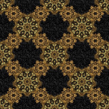 Yeni yıl 2018 tatil süslemesi. Altın geometrik elementlere sahip soyut ve soyut bir desen. Fan, Noel altınını şekillendirdi. Siyah arkaplanda altın stilize yıldızlar.