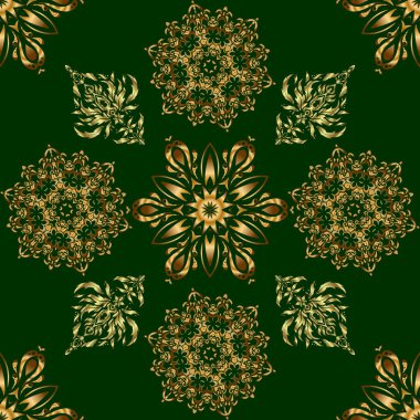 Yeşil bir zeminde doğu tarzı arabesk. Kusursuz altın desenli bukleler. Narin, altın arkaplan dokuma işi. Vektör parlak dantel, stilize çiçekler, şal desenli.