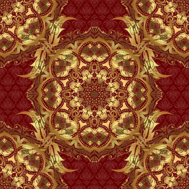 Kırmızı arka planda geleneksel oryantasyon süsü. Kusursuz klasik vektör altın deseni.