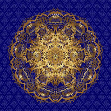 Vektör altın monokrom tasarımı soyut mandala kutsal geometri illüstrasyon üçgeni mavi arka planda izole edilmiş Merkaba lotus daireleri.