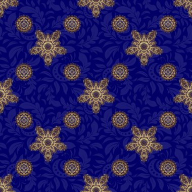 Geçmişe dönük tasarım için altın elementlerle kusursuz desen. Duvar kağıtları, tekstil, kumaş, ambalaj kağıdı, ambalaj kutusu vs. için evrensel desen. Mavi arkaplanda vintage desen.