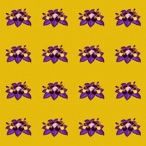 Yellow, purple and brown hibiscus flowers in a trendy vector style. Hawaiian tropical natural floral in yellow, purple and brown colors.