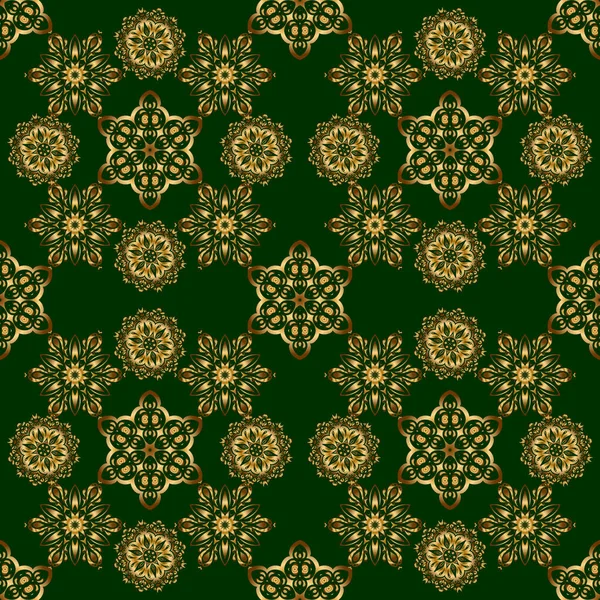 Vector Art Golden Mehndi Seamless Pattern Green Backdrop Traditional Indian — Stock Vector