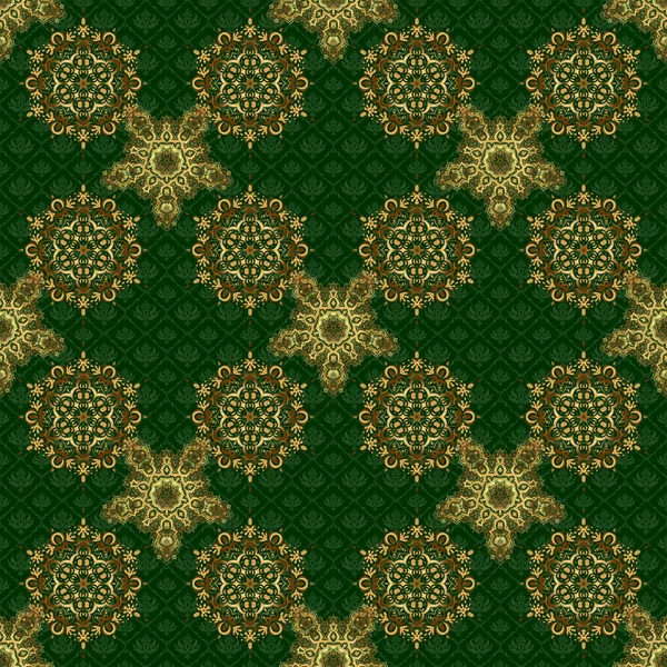 Motif Époque Doré Sans Couture Sur Fond Vert Tissu Doré — Image vectorielle