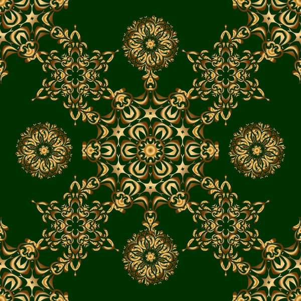 緑の背景にバロック様式のシームレスな東洋の装飾 伝統的な古典的なベクトル黄金のパターン — ストックベクタ