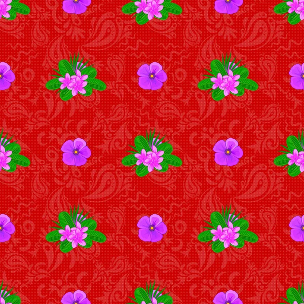 Vektorillustration Nahtloses Blumenmuster Auf Rotem Hintergrund Mit Kunterbunten Blüten — Stockvektor