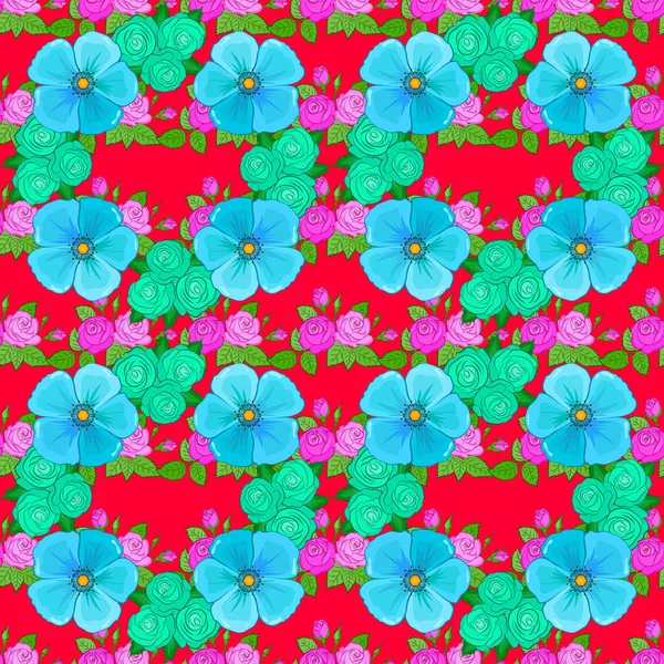 Modelo Floral Sin Costuras Colores Azul Rojo Verde Con Flores — Archivo Imágenes Vectoriales