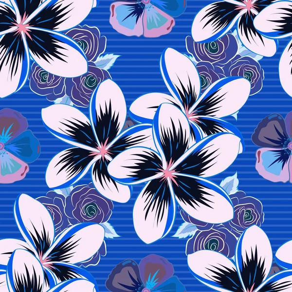 Ilustracja Wektora Płynny Wzór Kwiatã Abstrã Plumerii Kolorze Czarnym Niebieskim — Wektor stockowy