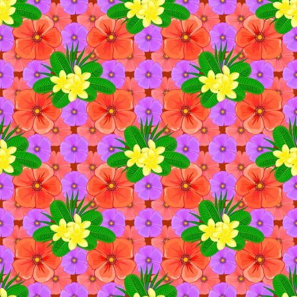 Vector Seamless Background Pattern Stylized Plumeria Flowers Leaves Orange Pink — Stock Vector