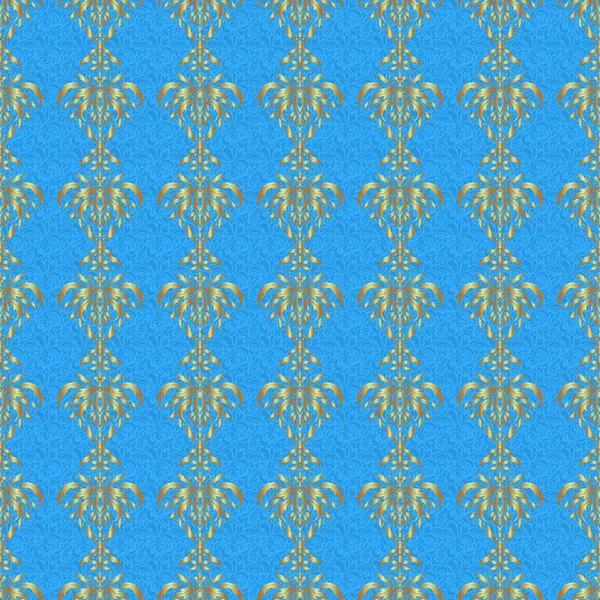 Naadloos Patroon Met Gouden Rooster Een Blauwe Achtergrond Vector Vierkante — Stockvector
