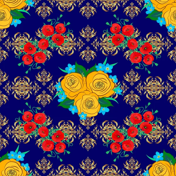 Винтажный Безseamless Узор Синем Желтом Красном Цветах Векторные Розовые Цветы — стоковый вектор