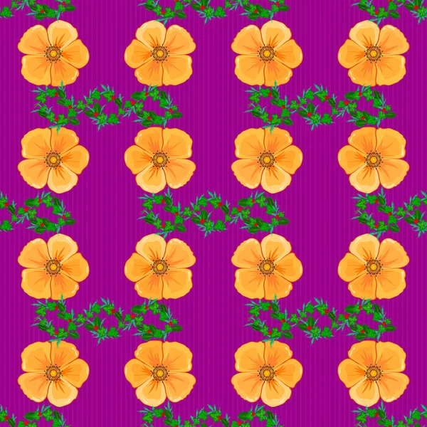 手描きの花の要素を持つ抽象的なシームレスベクトルパターン レトロなテキスタイルデザインコレクション 秋の色 1950年代から1960年代のモチーフ 紫色の背景にコスモスの花のシルクスカーフ — ストックベクタ