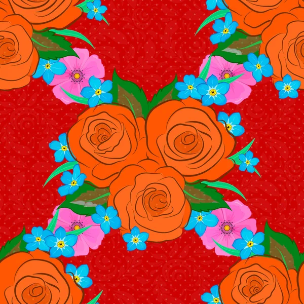 Nahtloses Vintage Muster Auf Rotem Hintergrund Handgeschriebene Vektor Rosenblüten Und — Stockvektor