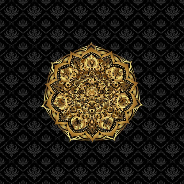 Vintage Mandala Ornament Gold Auf Schwarzem Hintergrund Vektorillustration Retro Muster — Stockvektor