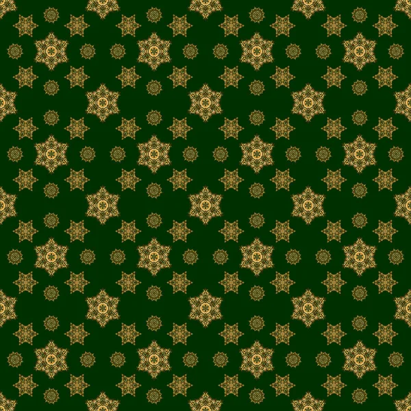 シームレスな古典的なベクトル黄金のパターン 緑の背景に伝統的な装飾 — ストックベクタ