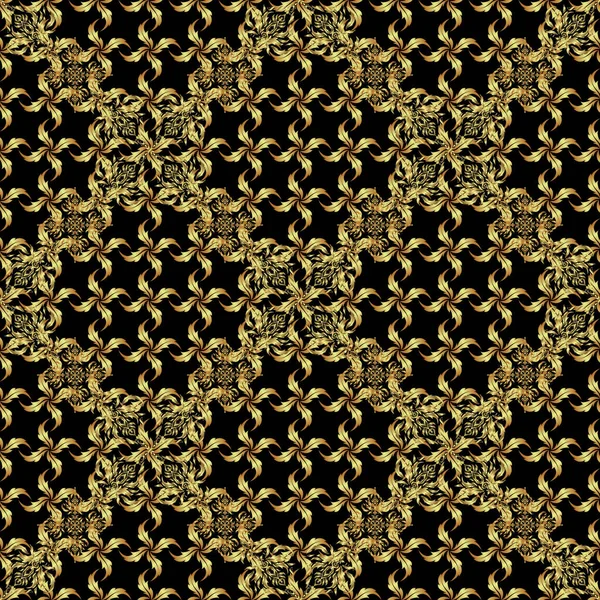 Abstract Classic Seamless Pattern Golden Elements Black Background Vintage Floral — Stock Vector