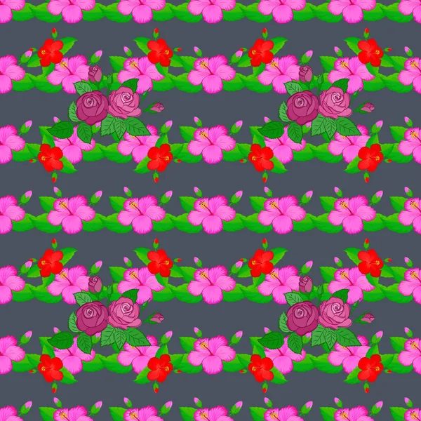 Motif Sans Couture Avec Fleurs Hibiscus Ornement Géométrique Feuille Parure — Image vectorielle