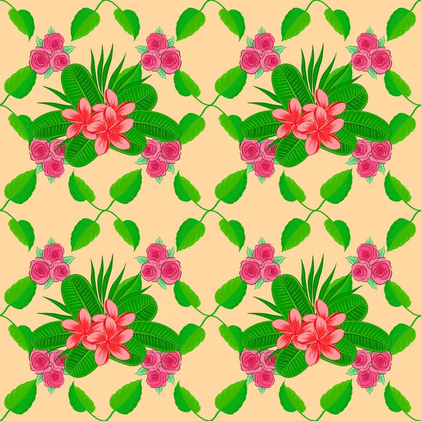 Sömlös Blommönster Med Plumeria Blommor Och Blad Beige Bakgrund — Stock vektor