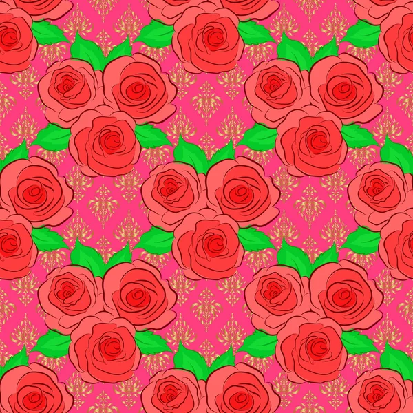 Raster Illustration Seamless Pattern Cute Rose Flowers Green Leaves Pink — Stock Vector