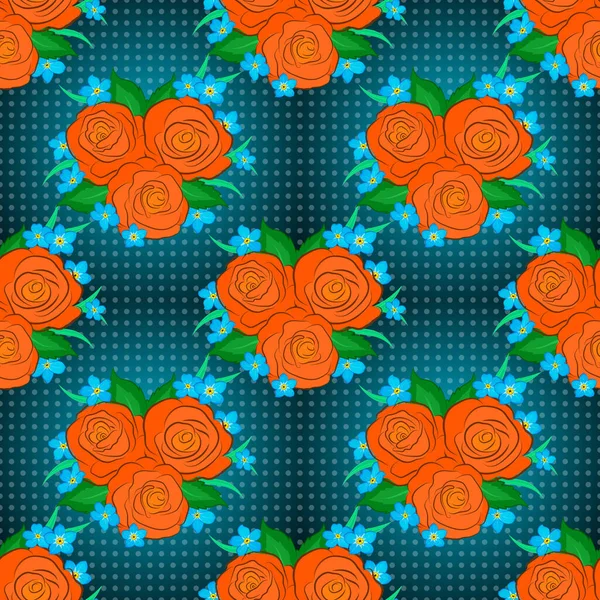 緑の葉を持つオレンジ 緑のバラ トレンドベクトルシームレスな花柄 — ストックベクタ