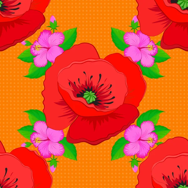 Бесцветный Цветочный Узор Оранжевом Фоне Пестрыми Розовыми Цветками Векторная Иллюстрация — стоковый вектор