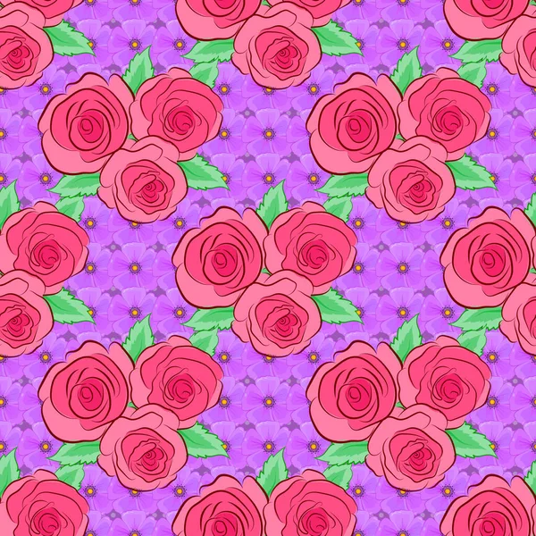 Vektorillustration Leuchtend Schöne Rosenblüten Und Grüne Blätter Nahtlos Hintergrund Abstrakter — Stockvektor