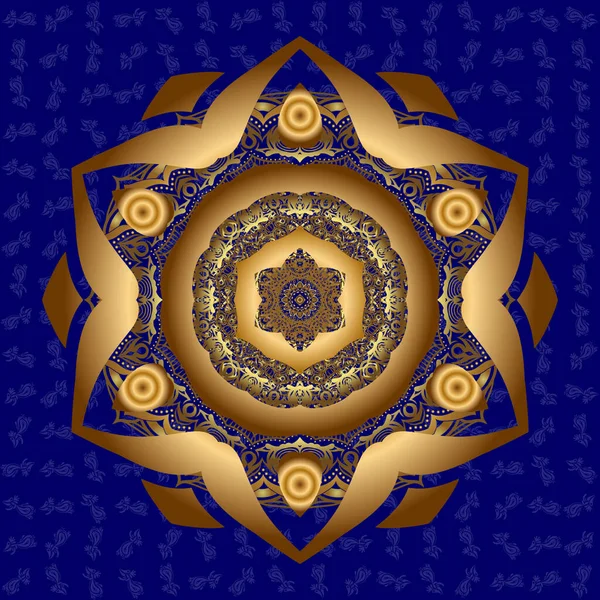Mavi Arka Planda Soyut Mandala Vektör Çizimi Parlayan Altın Yıldız — Stok Vektör